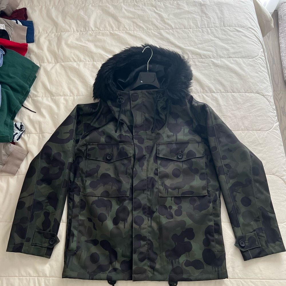 Coach Camouflage Hooded Jacket with Fur Trim